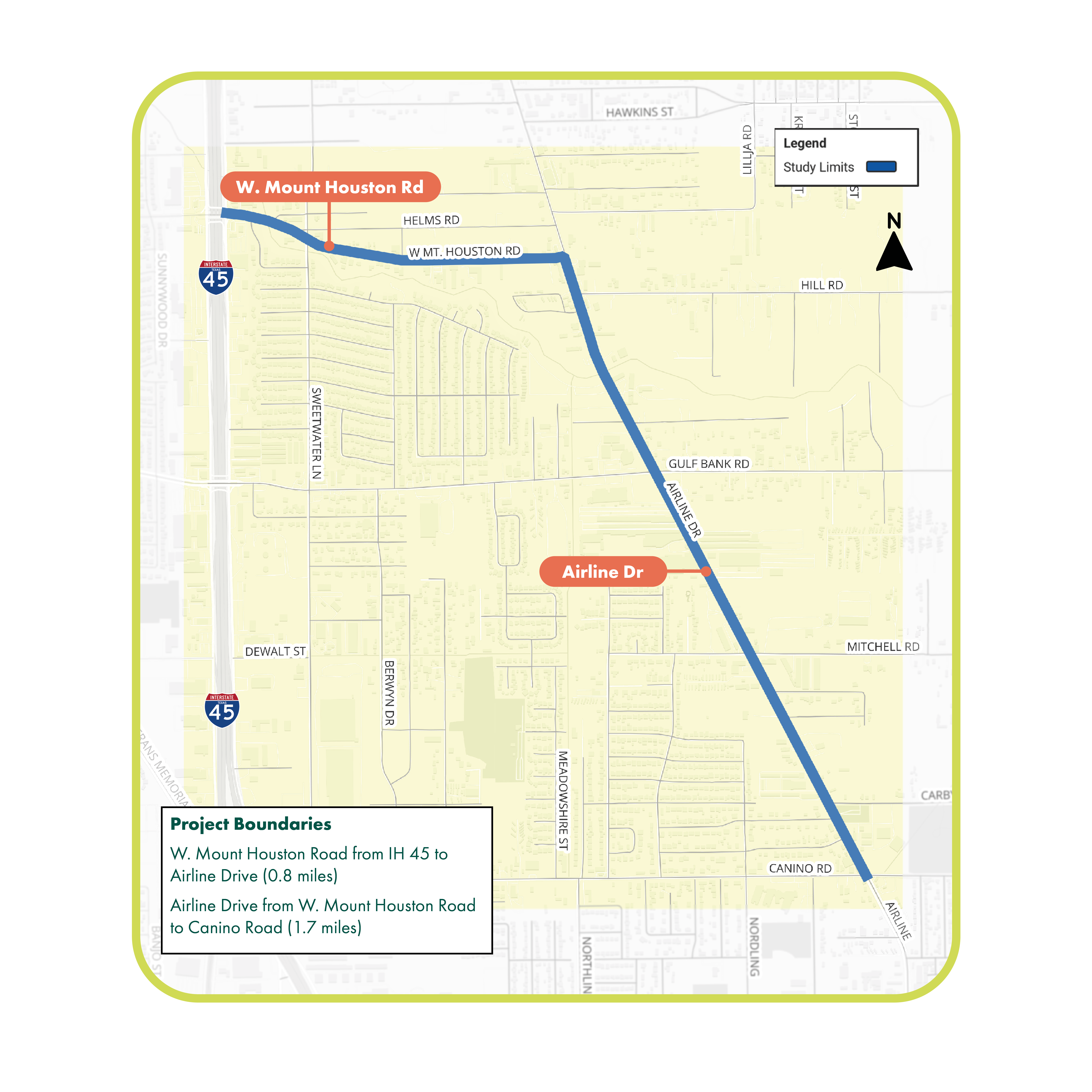 A detailed map showing the project study area of West W. Mount Houston & Airline project.and Airline Corridor, highlighting key locations near the community